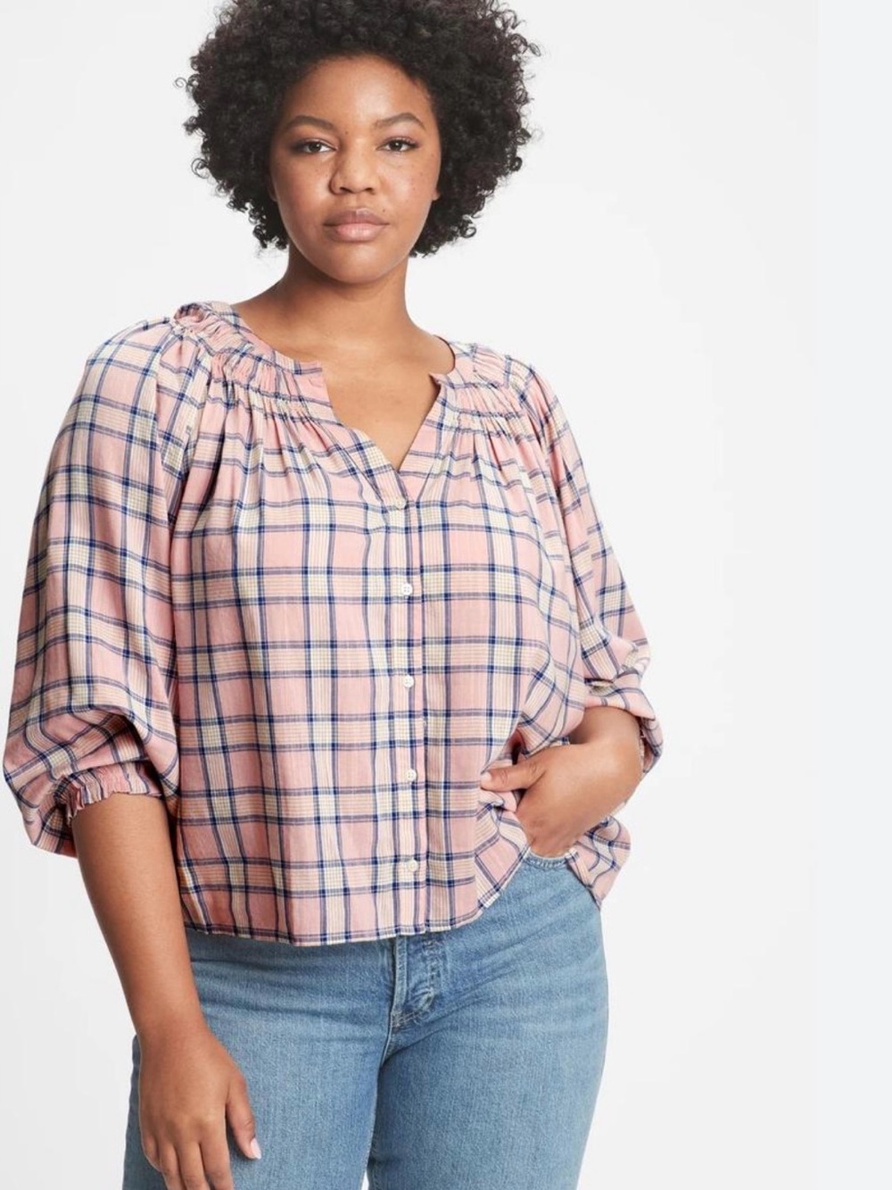Gap Split Neck Pink Plaid Button-Front XS Oversized
